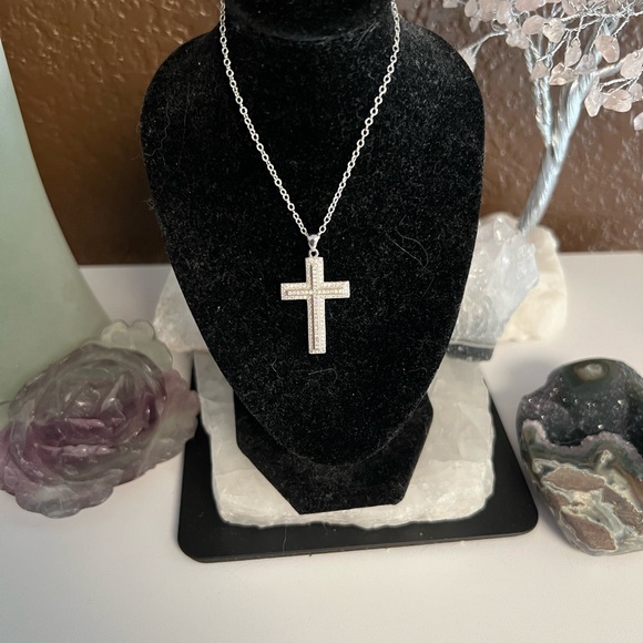 Moissanite Sterling Silver Cross Pendant in a Sterling Silver Necklace
